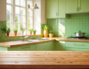 Empty wooden table with the bright white interior of the kitchen as a blurred background behind the bokeh golden sunshine