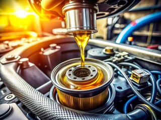 Detailed Macro Photography of Oil and Filter Change in a Motor Vehicle, Highlighting Tools and Components for a Professional Automotive Maintenance Experience