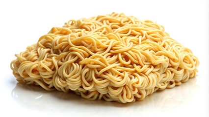 Wide-angle view of dry instant noodle on white background