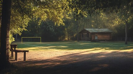 Obraz premium Wooden Cabin in a Forest Clearing with a Soccer Goal