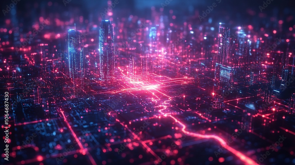 Poster city map holographic security shields over key infrastructure points like power grids water systems 