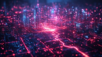Obraz premium City map holographic security shields over key infrastructure points like power grids water systems and transportation showing cyber protection