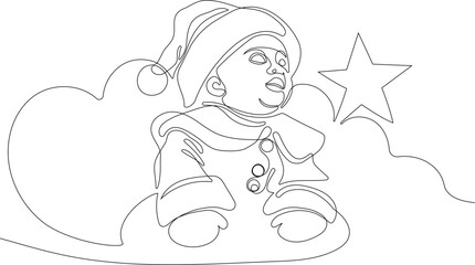 Outlined Cute Santa Claus Cartoon Character With A Sack Full Of Gifts. Vector Hand Drawn Illustration. One continuous line drawing Santa Claus on reindeer and sled. concept for Christmas and New Year