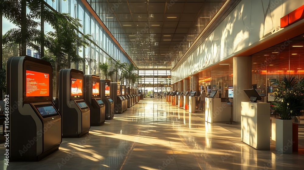 Poster bustling airport terminal secure kiosks wifi networks and glowing security icons protecting traveler