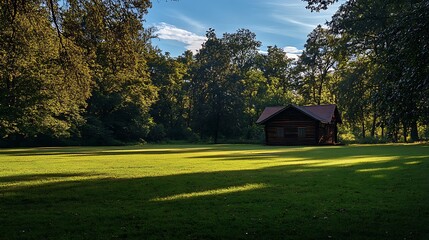 Cabin in the Woods with Sunlight Streaks