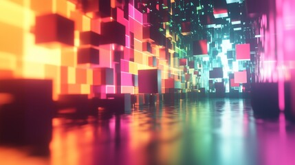Fototapeta premium Vibrant digital art depicting a colorful tunnel of luminous cubes reflecting light in a futuristic environment at dusk