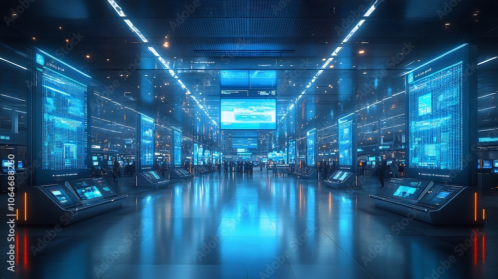 Aufkleber bustling airport terminal secure digital kiosks secure wifi networks and glowing cyber security elem