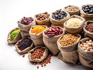 Dried Beans in Sacks Isolated on White Background for Culinary Use and Organic Food Concept with Copy Space for Your Text or Branding