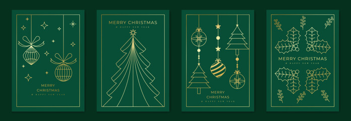 Luxury christmas invitation card art deco design vector. Christmas tree, star, bauble ball, candle gold line art on green background. Design illustration for holidays cover, season's greeting poster.