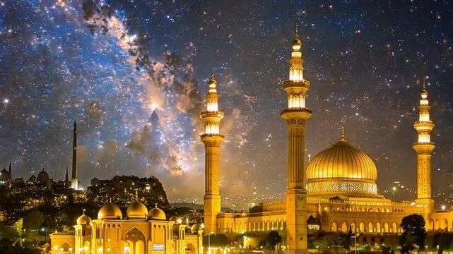 Beautiful mosque is illuminated at night with golden lights and arabic script celebrating the prophet muhammad's birthday. This design is perfect for mawlid al nabi celebrations. 