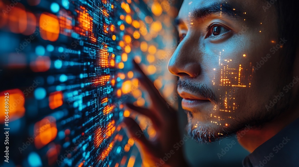 Poster businessman using facial recognition access a secure corporate network symbolizing hightech digital 