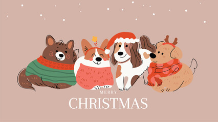 Merry christmas and happy new year concept background vector. Collection drawing of cute dogs with decorative scarf, ribbon, hat. Design for banner, invitation, holidays card, greeting, cover.
