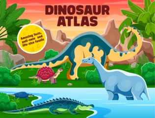 Keuken achterwand Groen Atlas book cover with prehistoric dinosaurs and reptiles in jungle forest. Vector carbonemys, melanorosaurus, sarcosuchus, henodus and indricotherium dinosaur animals and prehistoric nature landscape  © Vector Tradition