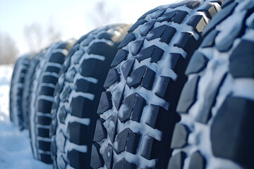 Fototapeta premium Winter tire. Detail of car tires in winter covered with snow.