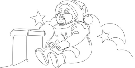 Outlined Cute Santa Claus Cartoon Character With A Sack Full Of Gifts. Vector Hand Drawn Illustration. One continuous line drawing Santa Claus on reindeer and sled. concept for Christmas and New Year