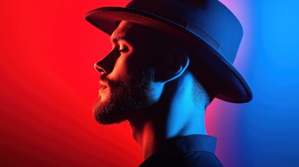 A man wearing a fedora, his face obscured in shadow, with a single neon light illuminating his profile, highlighting the sharp angles of his cheekbones.