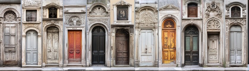 A series of ornate doors showcasing diverse architectural styles and textures.