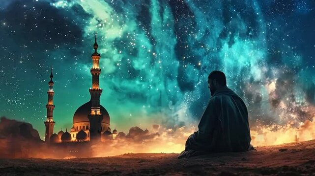 Muslim man prays in the desert under a starry sky, with a mosque in the background, radiating peace and hope. The image captures faith and devotion. Ramadan. Mawlid al Nabi