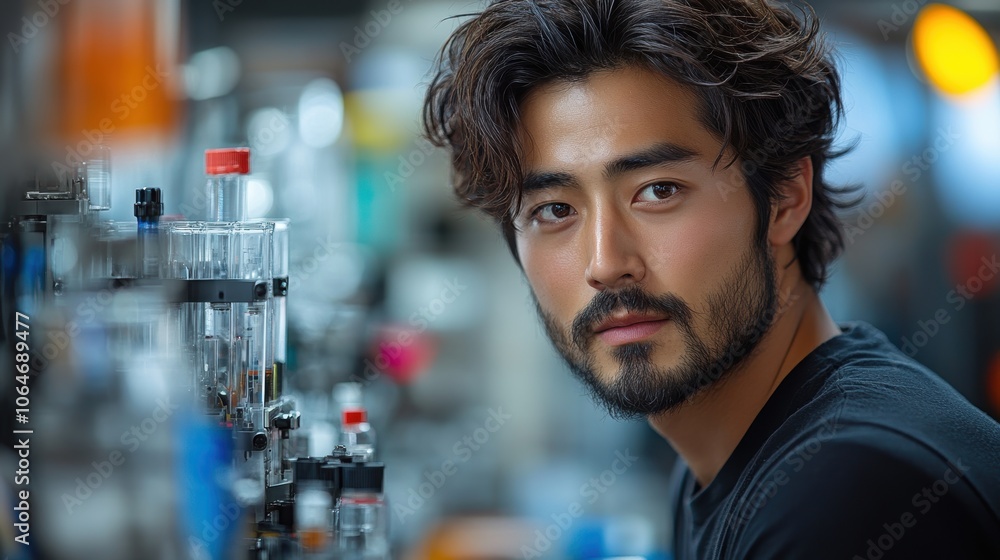 Poster japanese man operates advanced robotics in tech lab with concentrated focus