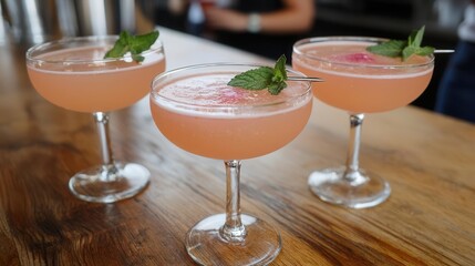 A bar scene featuring a rhubarb vodka tasting event, with guests sampling creative cocktails made with the spirit, [National Rhubarb Vodka Day], [tasting event, craft cocktails], ,