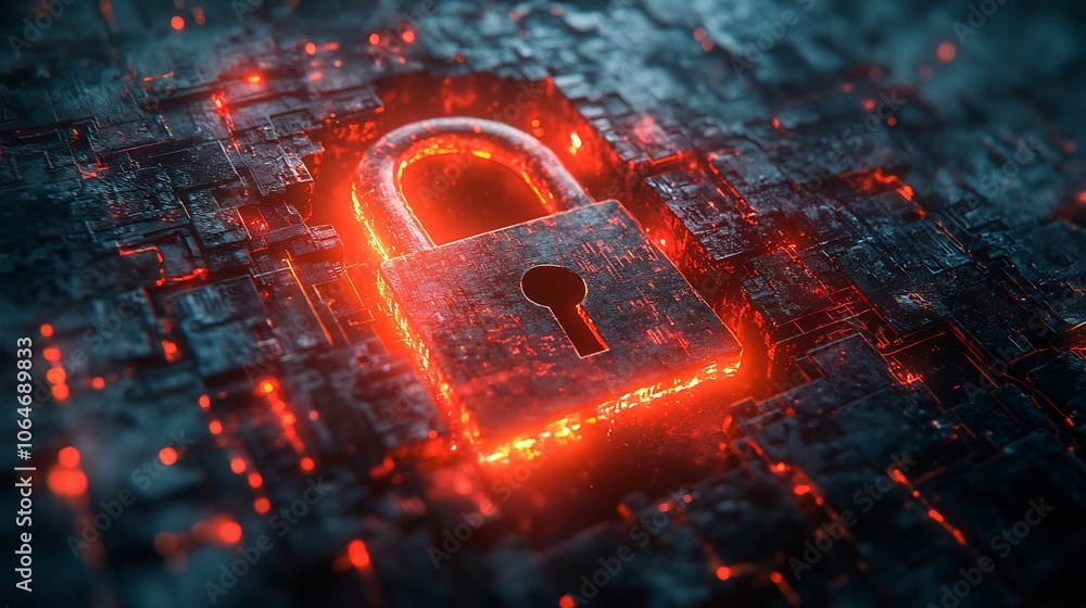 Poster flashing red alerts around broken padlock illustrating failed cybersecurity measures and breaches in