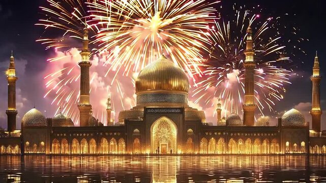 Beautiful mosque is illuminated at night with golden lights and arabic script celebrating the prophet muhammad's birthday. This design is perfect for mawlid al nabi celebrations. Banner. Copy space