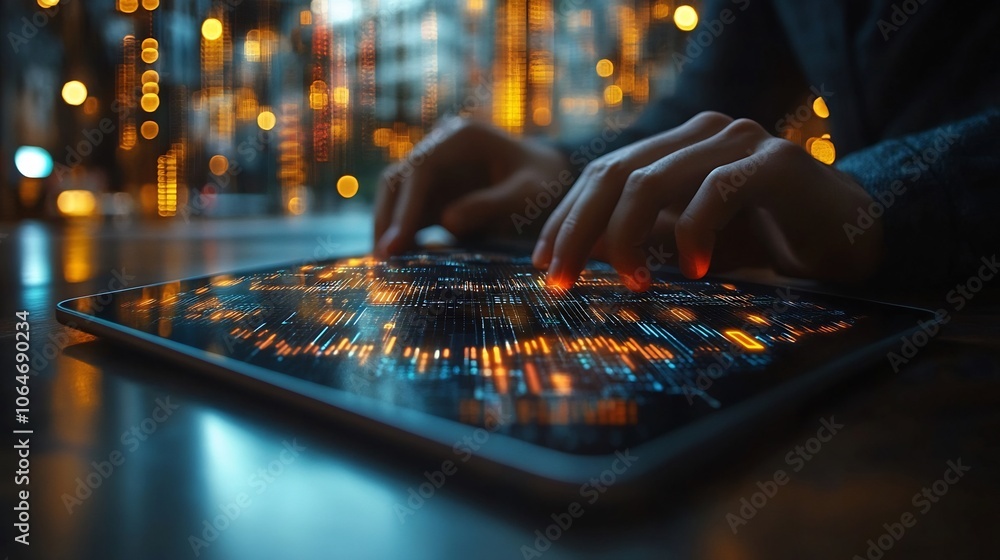 Poster business analyst using secure tablet with digital stock charts and glowing locks representing financ