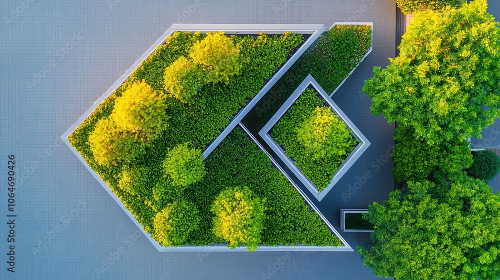 Poster an aerial view of a greenhouse complex with triangular roof panels, showcasing its efficient use of 