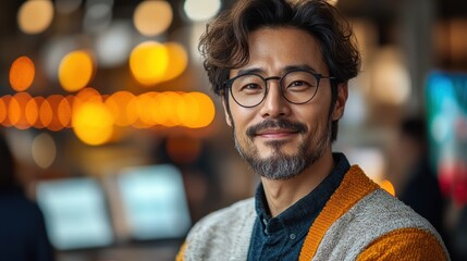 Obraz premium South korean man enthusiastically demonstrates innovative tech product to engaged audience