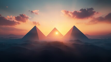 A panoramic view of the Giza plateau at sunset, with the three main pyramids silhouetted against a fiery sky.