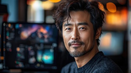 Fototapeta premium South korean graphic designer expresses creativity in a vibrant studio environment