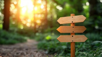 A directional signpost in a forest, with triangular arrows pointing towards different trails and destinations.