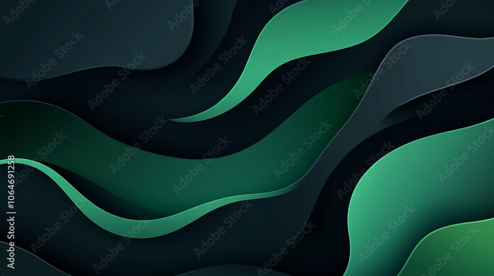 Poster Abstract green wave pattern creating a sense of depth and movement on a dark background