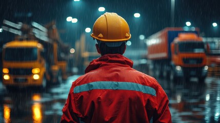 Obraz premium Male worker in a hard hat watches trucks under the rain at night, reflecting determination.