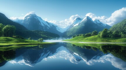 A mountain lake nestled in a valley, its still waters reflecting the surrounding peaks like a mirror, creating a serene and tranquil scene.