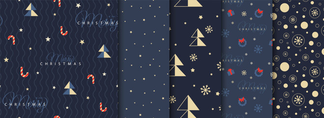 Set of Holiday, Christmas, New Year dark blue seamless pattern with christmas trees, snowflakes, stars. Loopable design for wrapping paper, textile, background, banner