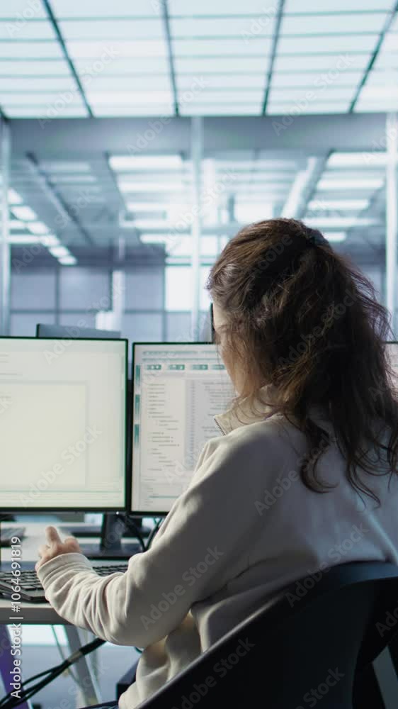 Poster system admin working in diverse computer network security data center workplace, ensuring optimal pe