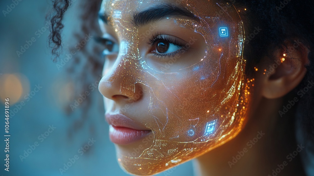Aufkleber 3d biometric facial scanner rendering scanning persons face with glowing security symbols showcasing