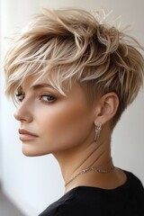 Stylish woman with short blonde hair
