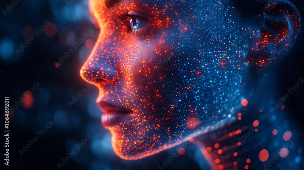 Poster 3d rendering of biometric facial scanner scanning a person's face showing modern cyber security tech