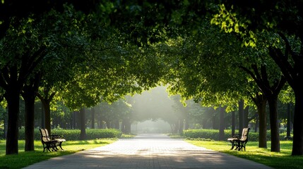Obraz premium A tree lined path in a park, with benches inviting visitors to rest and enjoy the serene surroundings, dappled sunlight filtering through the leaves above.