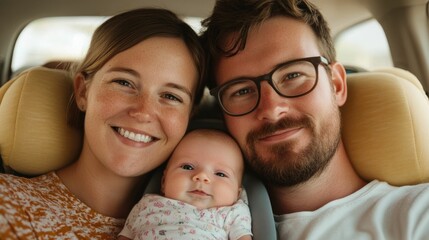 Obraz premium Loving Parents Carefully Buckling Their Newborn Baby Into a Car Seat for the Very First Time With Expressions of Joy and Pride on Their Faces