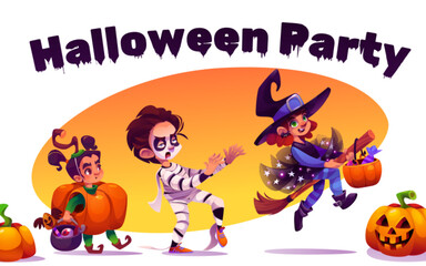 Halloween party banner with three kids in festive costumes - pumpkin with magic pot, mummy walking as zombie, witch riding broomstick with candy basket, jack o' lanterns. Carton vector invitation.