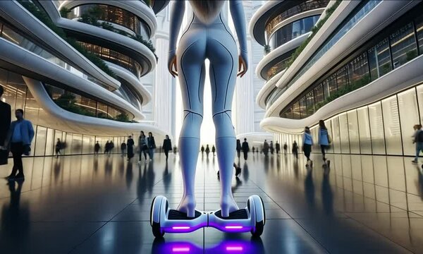 A futuristic cityscape with a person on a hoverboard exploring a bustling urban area filled with unique architecture
