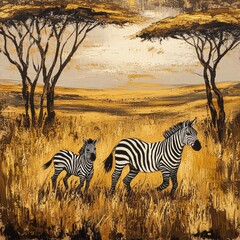 Obraz premium A mother zebra and her foal wander through golden grasslands under acacia trees.