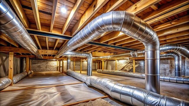 Wide-angle view of HVAC ductwork in a crawl space