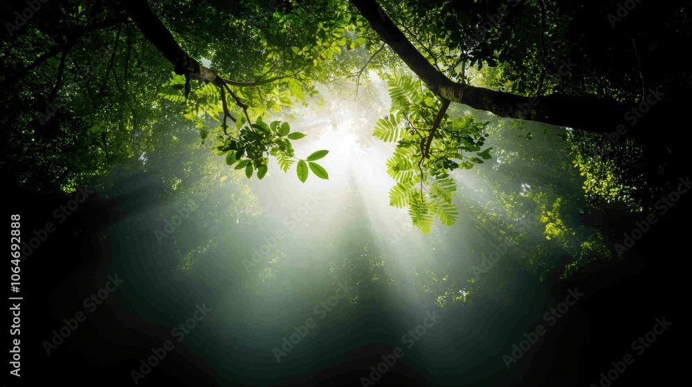 Poster a dense, impenetrable jungle canopy filters the sunlight, creating a mosaic of light and shadow on t