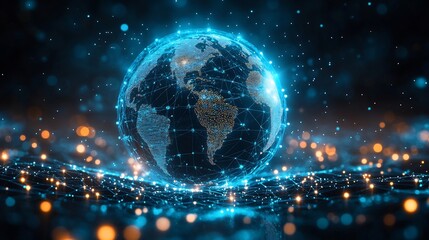 Obraz premium 3d holographic globe connected satellites and secure data beams representing the future of global cybersecurity and satellite protection