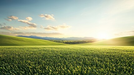 Fototapeta premium The setting sun casts a warm golden glow across a vast green field, creating long shadows and a peaceful, serene atmosphere.
