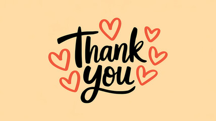 Stylish thank you inscription surrounded by hearts on a soft beige background